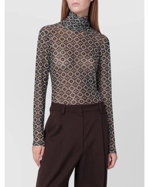 Dries Van Noten Brown Geometric Print Long Sleeve Turtleneck Top