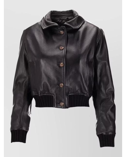 LA ROSE Black Nappa Leather Jacket High Collar Ribbed Cuffs