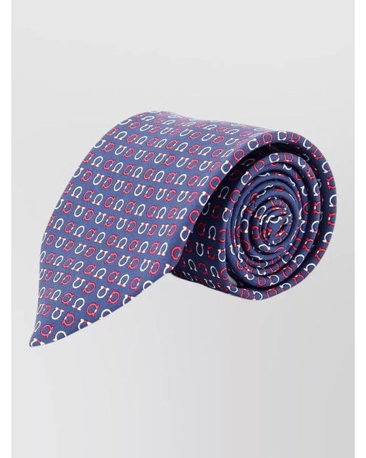 Ferragamo Blue Silk Tie Capitano Print Rolled Design for men