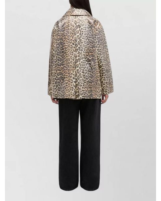 Ganni Gray Leopard Print Cotton Blend Long Jacket