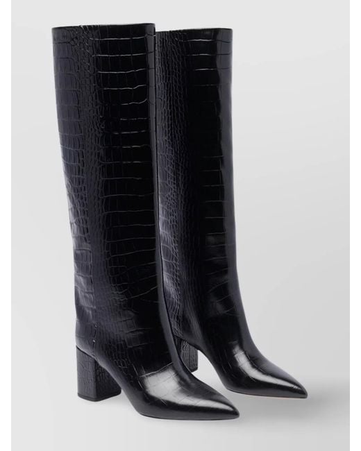 Paris Texas Black Crocodile Effect Knee Length Block Heel Boots