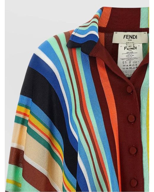 Fendi Blue Striped Poncho Fringes Detail Round Collar