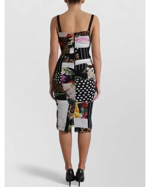 Dolce & Gabbana Black Patchwork Midi Dress Floral Leopard Print