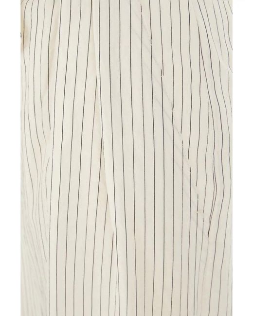 Max Mara White Cotton Silk Striped Embroidered Wide-Leg Trousers