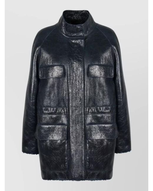 Fendi Blue Sheepskin Jacket High Collar Front Pockets