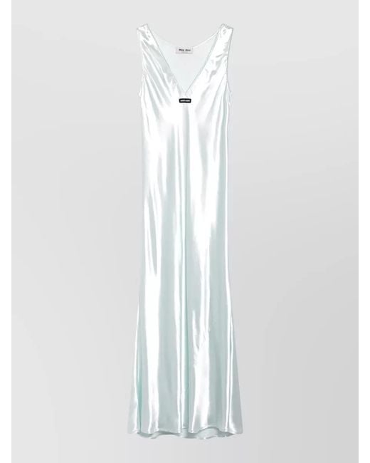 Miu Miu White Maxi Dress Shiny Finish Sleeveless V Neckline
