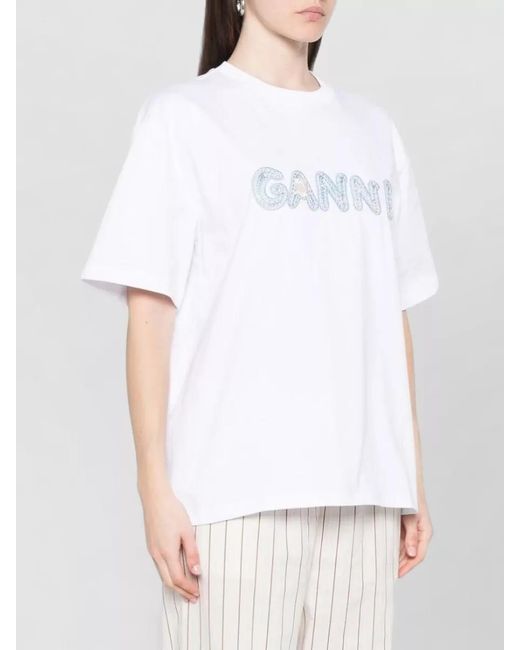Ganni White Cotton Logo T Shirt Short Sleeves Crewneck