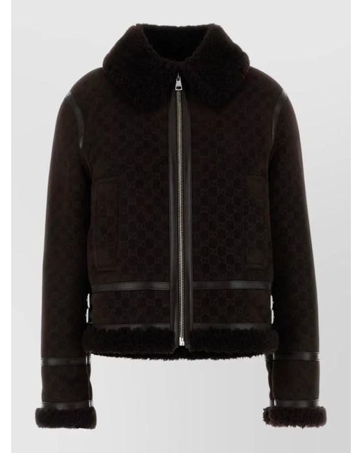 Gucci Black Shearling Collar Leather Trim Jacket Pockets