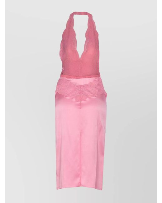 Gucci Pink Silk Halterneck Lace Sleeveless Midi Dress