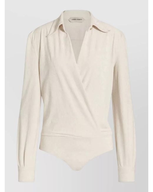 Alberta Ferretti Natural Bodysuit Top Wrap Design Button Collar