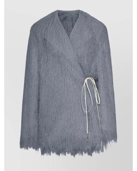 Dries Van Noten Blue Short Coat With Fringed Hem And Tie