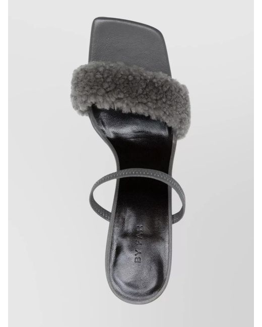 By Far Gray Leather Shearling Strap Open Toe Sandals