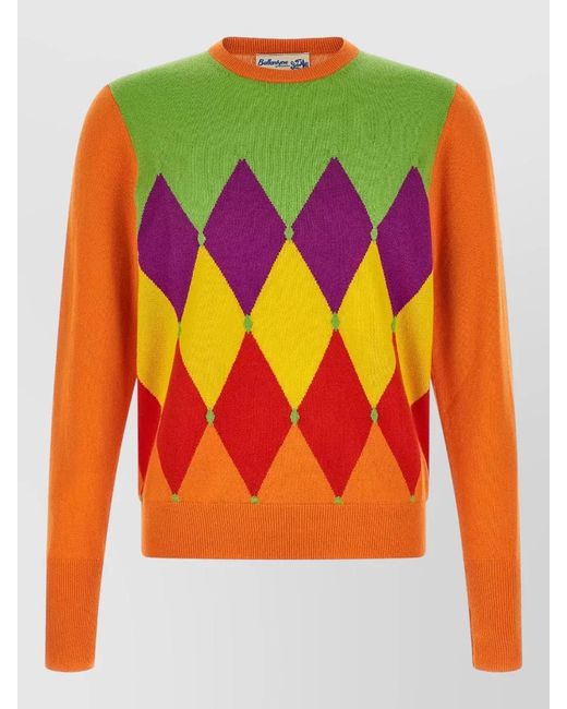 Ballantyne Orange Cashmere Diamond Intarsia Crew Neck Sweater for men