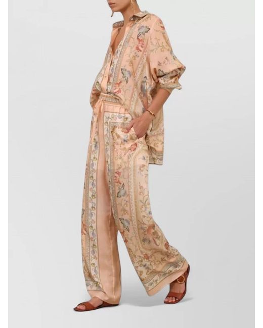 Zimmermann Natural Roselight Silk Wide Leg Floral Trousers