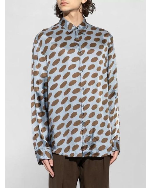 Dries Van Noten White Patterned Spread Collar Long Sleeve Shirt for men