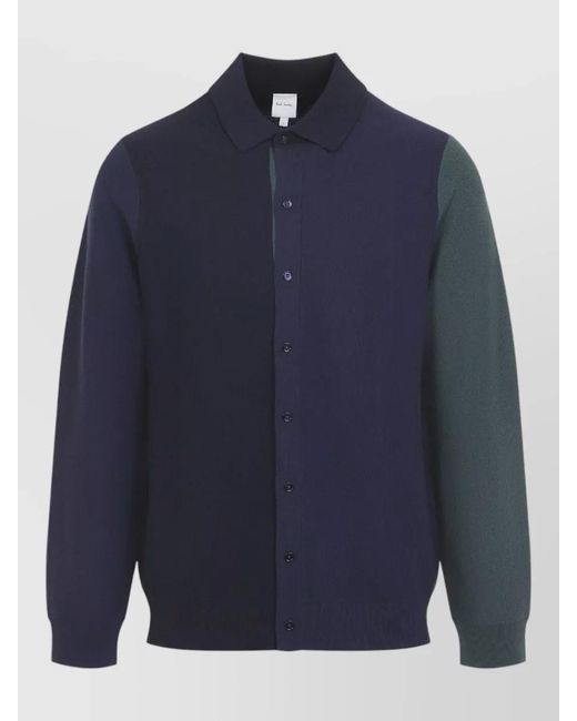 Paul Smith Blue Color Block Knit Shirt Long Sleeves for men