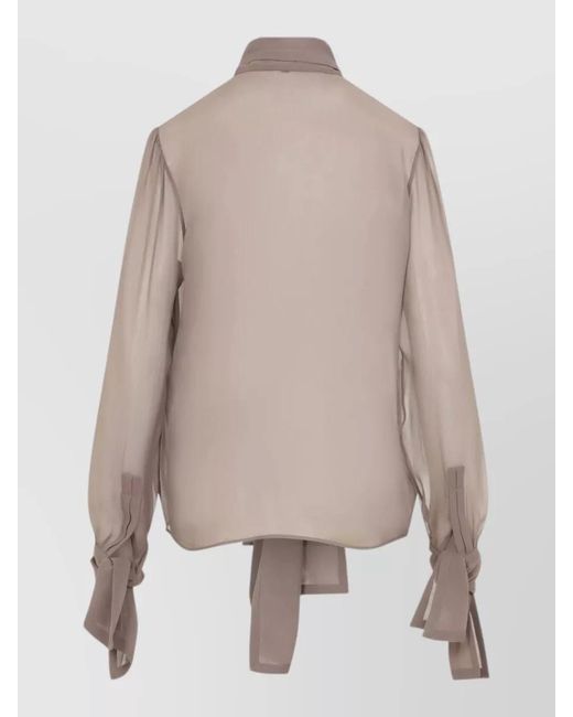 Saint Laurent Natural Silk Semi-Sheer Long-Sleeve Tie-Neck Blouse