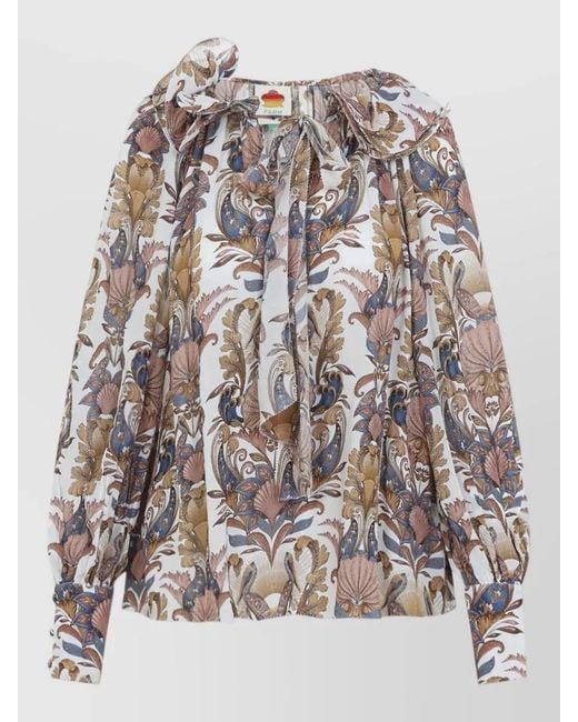 Farm Rio White Blouse Floral Print Bow Detail Long Sleeves