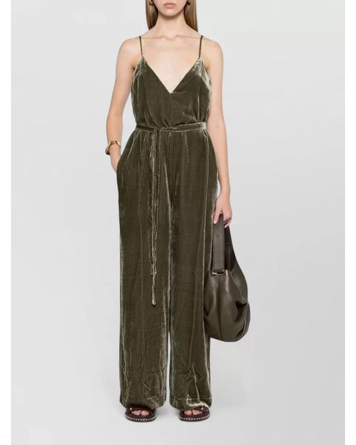 Gold Hawk Green Silk Velvet V-Neck Sleeveless Belted Wide-Leg Jumpsuit