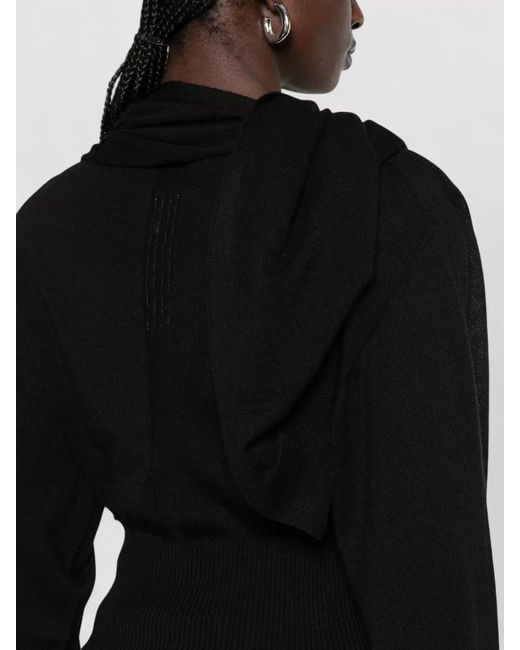 Rick Owens Black Hooded Scarf Knit Top Cropped Silhouette