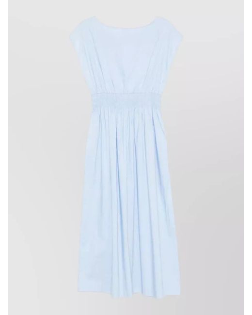 Roberto Collina White Cotton Midi Dress Elastic Waist Pleated