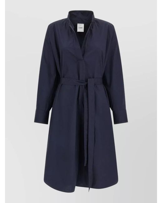 Nude Blue Belted Shirt Dress Long Sleeves Neckline