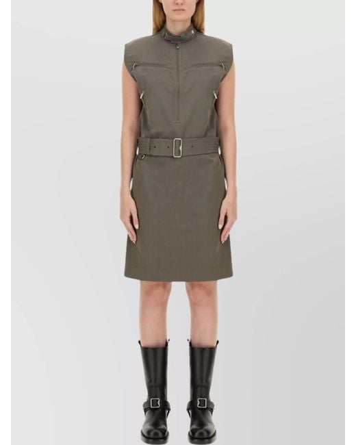 Burberry Green Linen Dress With Belted Waist And High Collar