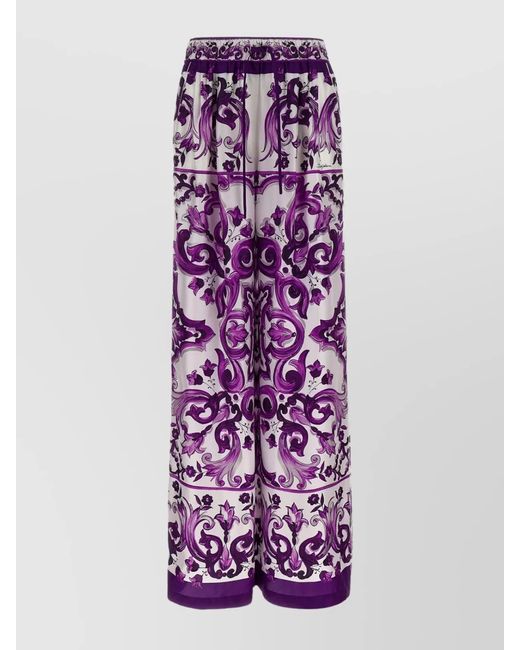 Dolce & Gabbana Purple Majolica Print High Rise Wide Leg Pants