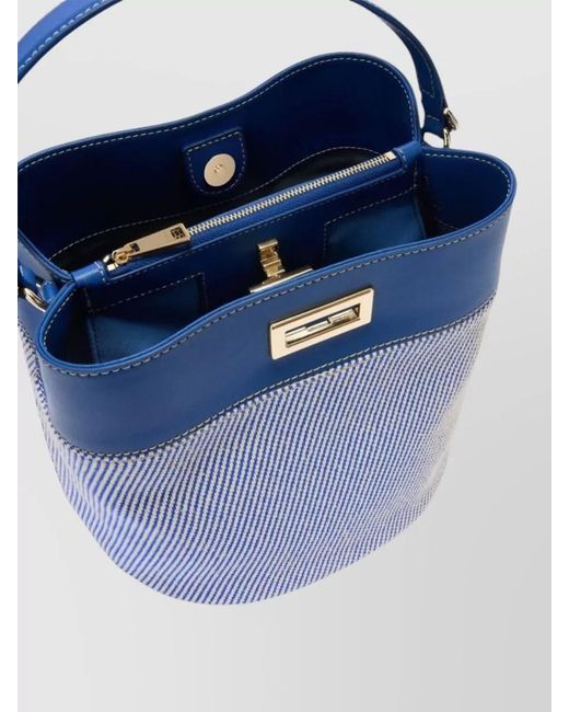 Furla Blue Bucket Bag Top Handle Detachable Strap