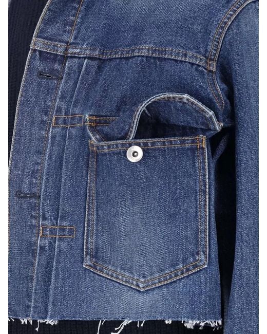 Sacai Blue Denim Cropped Jacket Contrast Knit Layered