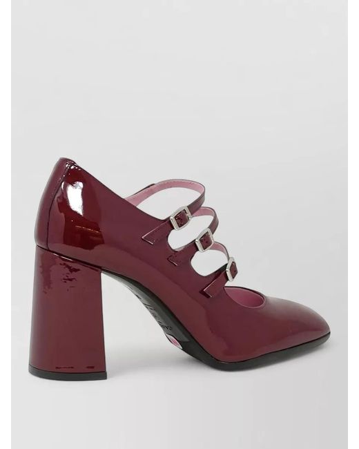CAREL PARIS Red Patent Leather Block Heel Triple Strap Pumps
