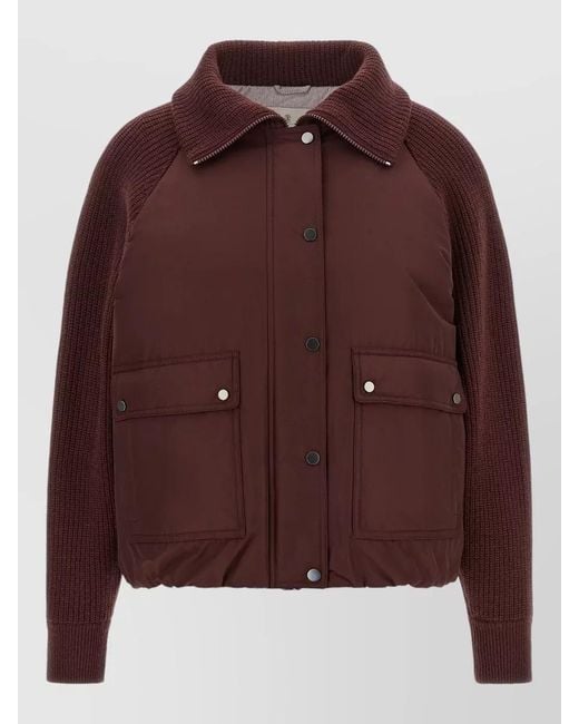 Brunello Cucinelli Brown Down Jacket Techno Taffeta Ribbed Knit