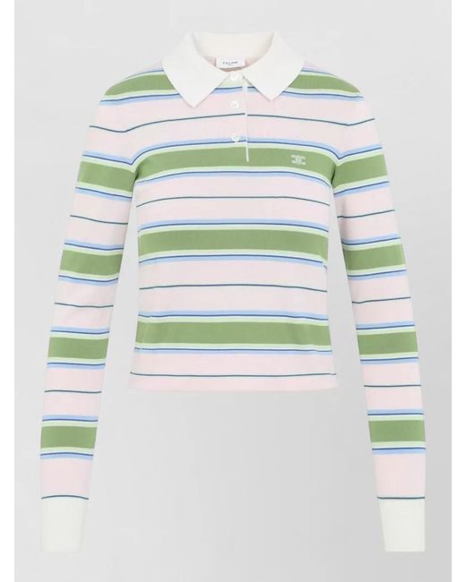 Céline Multicolor Striped Cropped Cotton Polo Sweater