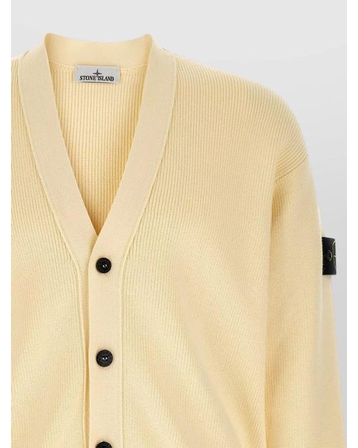 Stone Island Natural Ribbed V Neck Long Sleeve Cardigan for men