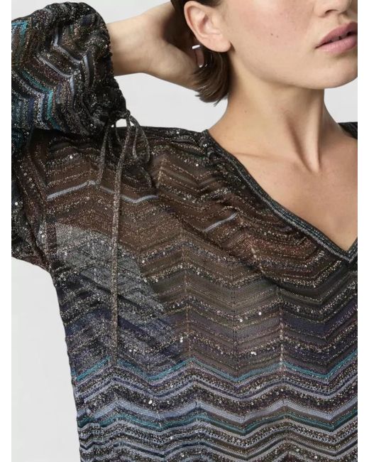 Missoni Blue V Neck Knit Blouse Long Sleeves Chevron