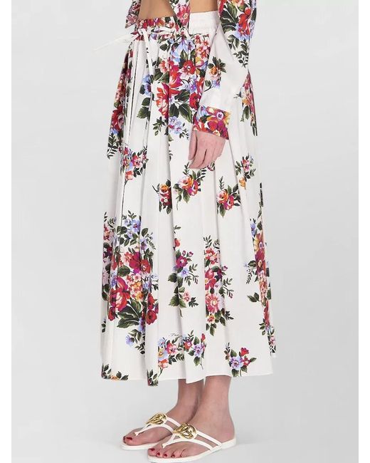 Dolce & Gabbana White Cotton Floral Print Pleated Maxi Skirt