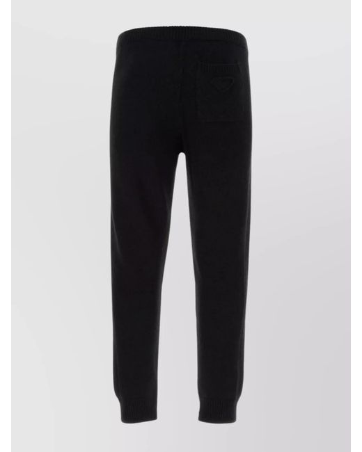 Prada Black Cashmere Blend Elastic Waist Ribbed Cuff Trousers for men
