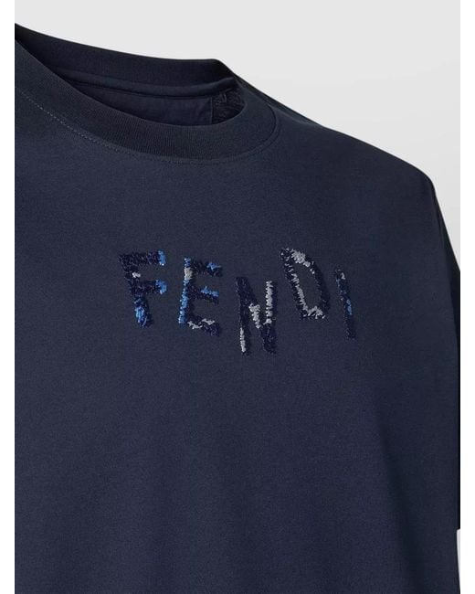 Fendi Blue Short Sleeve Crew Neck Cotton T Shirt for men