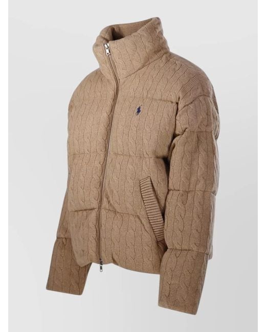 Ralph Lauren Brown Puffer Coat High Collar Cable Knit