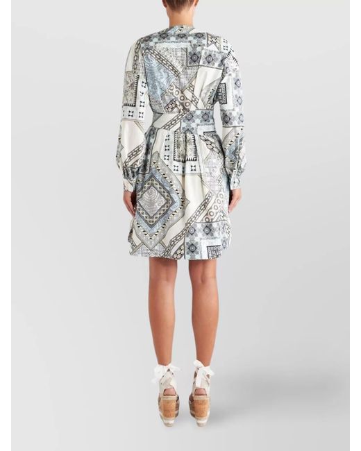Etro Multicolor Cotton Printed Belted Long-Sleeve Knee-Length Dress