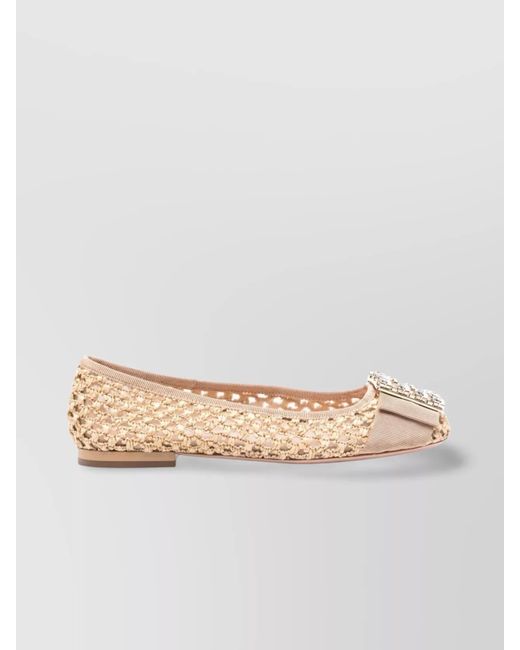 Roger Vivier Natural Crystal Embellished Raffia Ballerina Flats