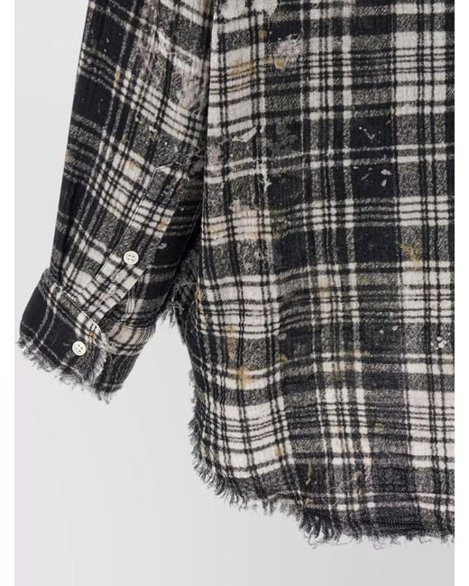 R13 Black Plaid Shirt Long Sleeves Frayed Hem