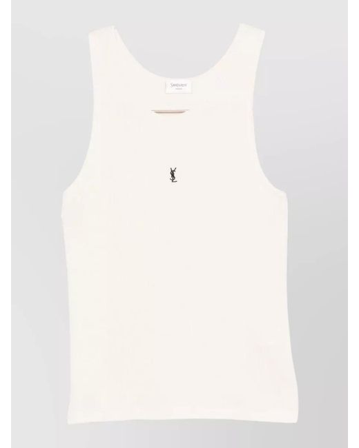 Saint Laurent Natural Ribbed Logo-Embroidered Cotton Sleeveless Tank Top