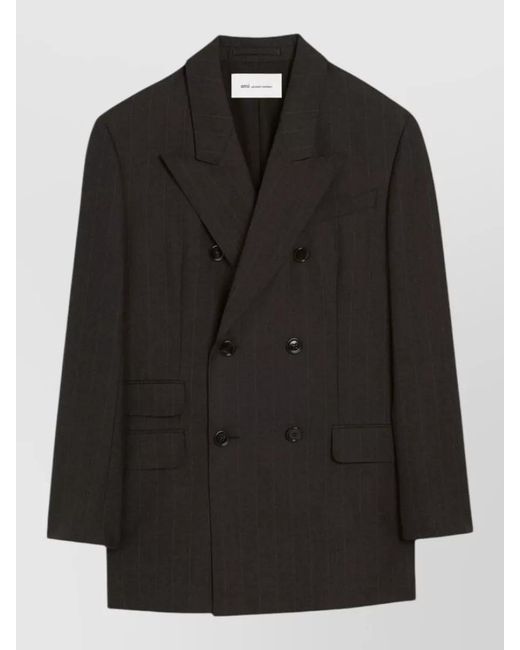 AMI Black Wool Striped Double-Breasted Blazer