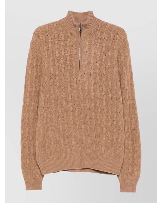 Etro Brown Roma Cashmere Quarter Zip Cable Knit Jumper for men