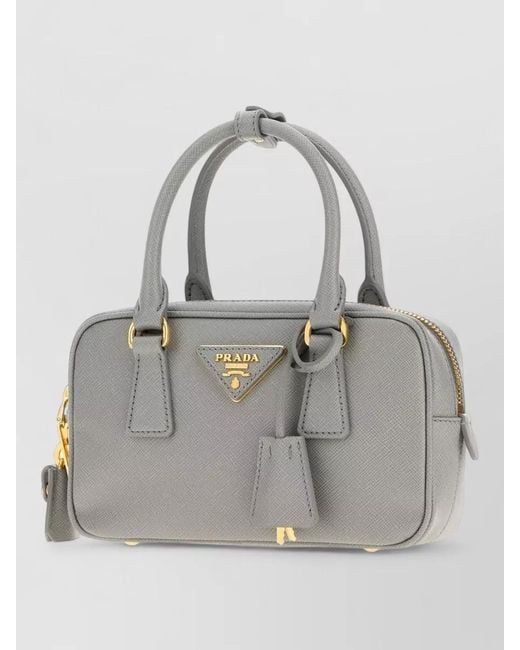 Prada Gray Leather Mini Handbag Detachable Strap Top Handle