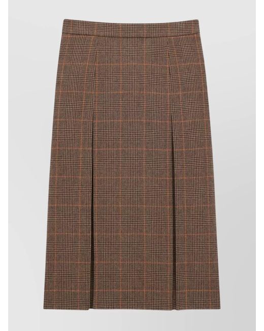 Saint Laurent Brown Wool Cashmere Checked Pleated Midi Skirt