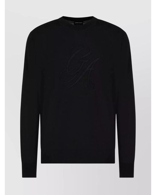 Giorgio Armani Men's Black Ribbed Crew Neck Sweater With Long Sleeves