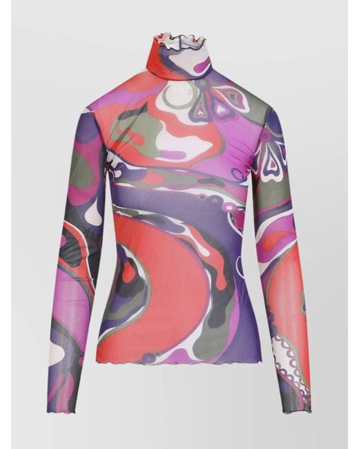 Emilio Pucci Pink Long Sleeve Sheer Turtleneck Ruffled