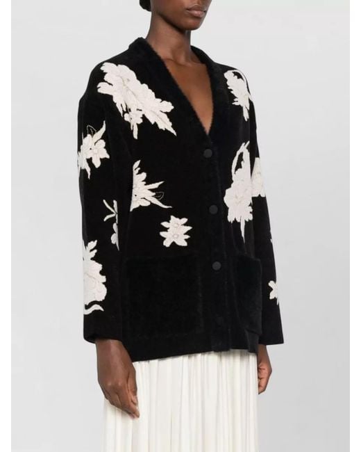 Forte_forte Black Floral-Embroidered Brushed V-Neck Cardigan